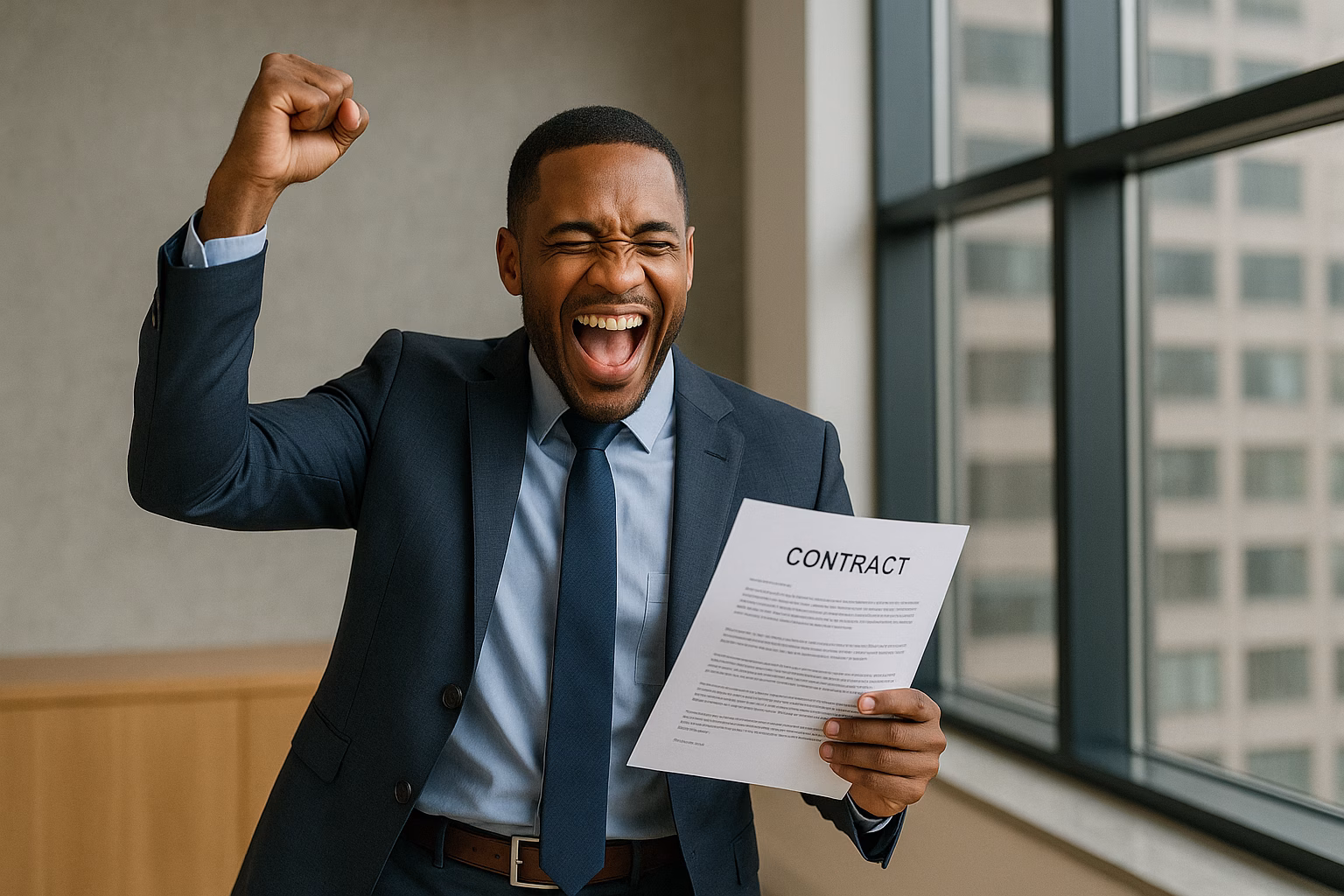 A man holding a paper with the word "Contract" on it. His right fist is up in the air signifying victory.