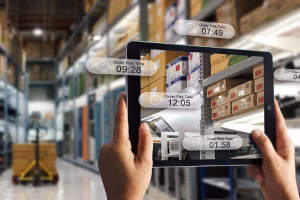 A handheld tablet displaying order pick times for products inside a warehouse